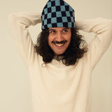 Checkerboard Merino Lambswool Neckerchief - Navy Blue & Helford Green