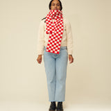Checkerboard Merino Lambswool Scarf - Poppy Red & Ecru