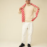 Checkerboard Merino Lambswool Scarf - Poppy Red & Ecru