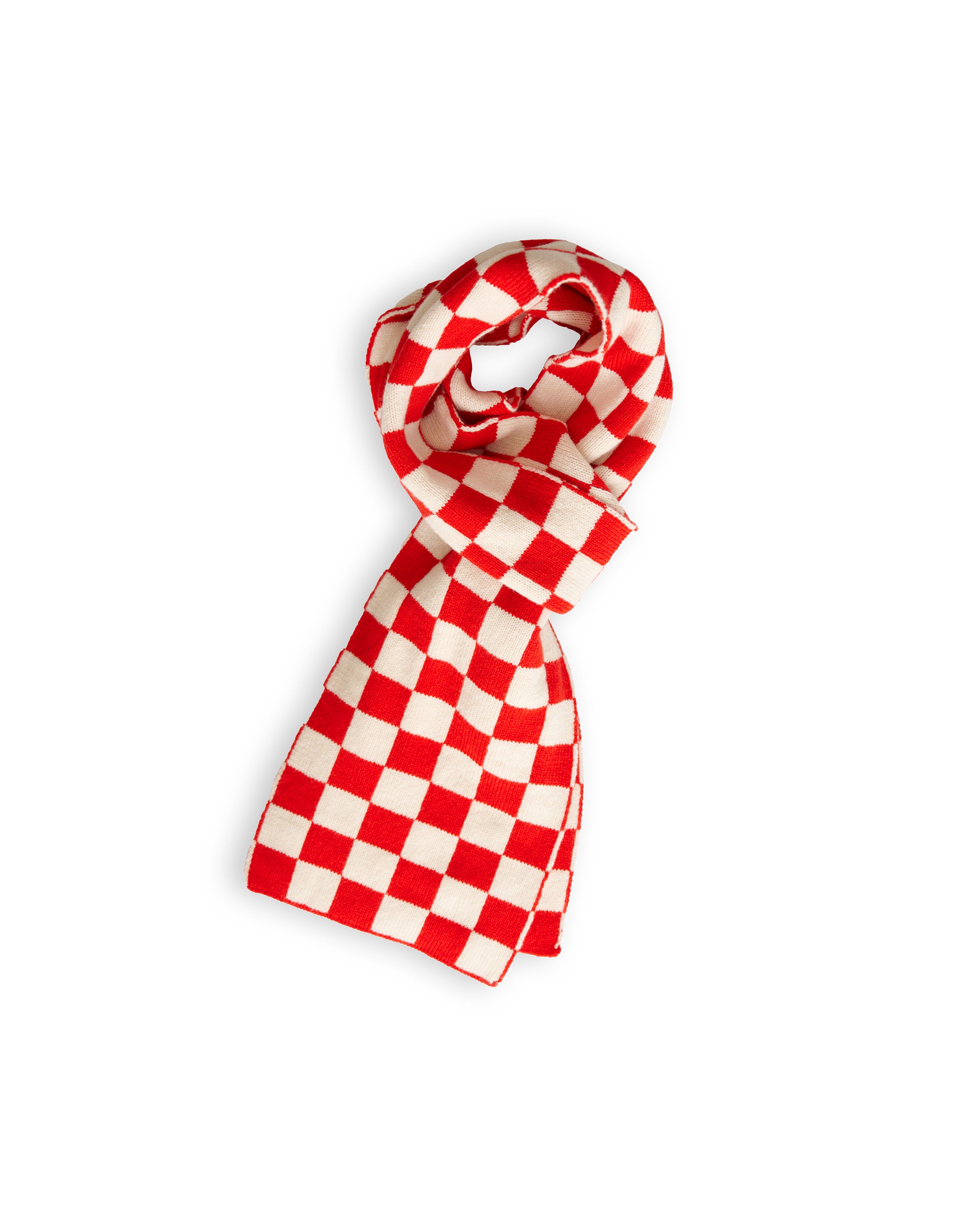 Checkerboard Merino Lambswool Scarf - Poppy Red & Ecru
